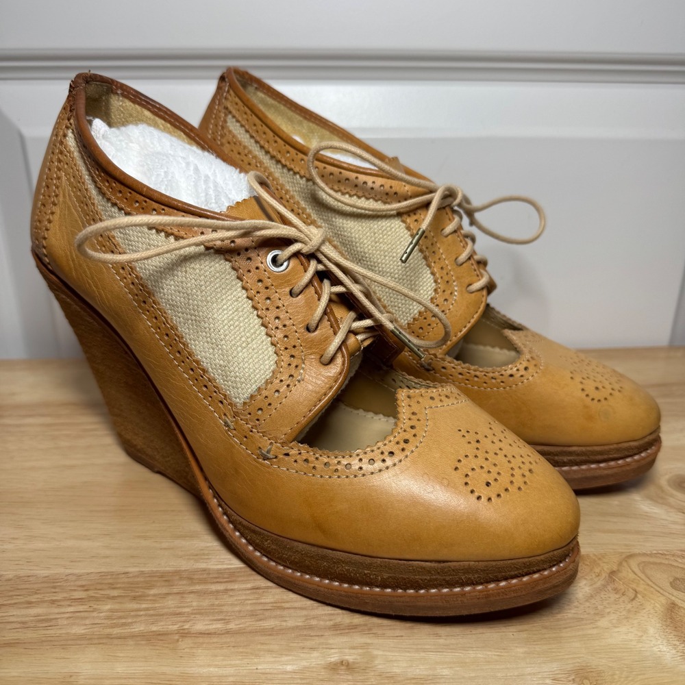 Rag & Bone Oxford Wedge Salford Brogue Leather Canvas Wingtip Shoes Size 39 Glee